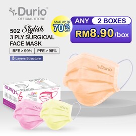 Durio 502 Stylish 3 Ply Surgical Face Mask - Orange -(50pcs)